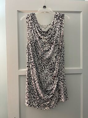 CAbi Draped Sleeveless Tunic in Black, White & Light Pink Print